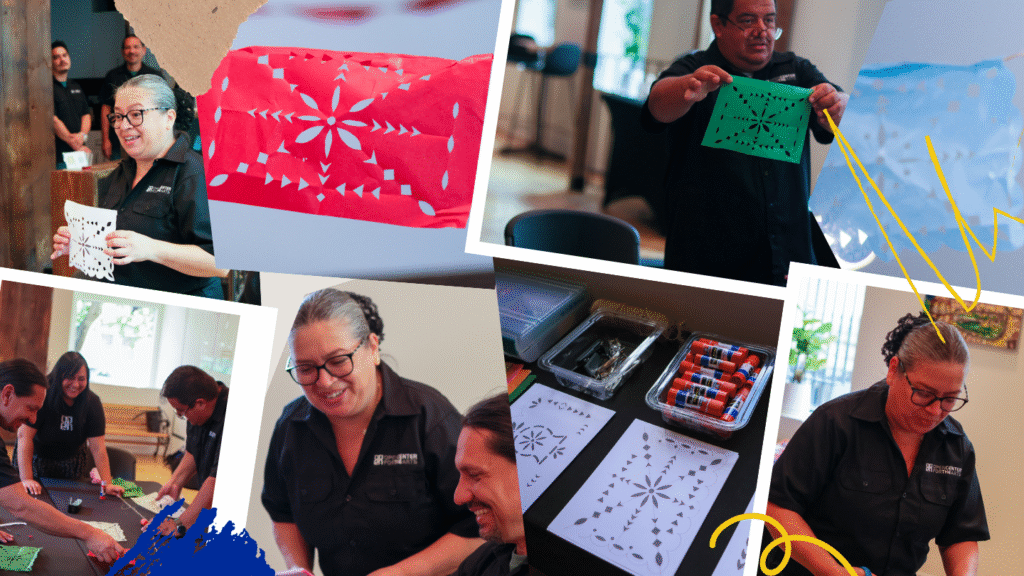 Collage of photos showing participants creating colorful papel picado designs during a workshop at OPEN Center for the Arts. People are smiling, cutting patterns, and sharing their creations in a bright, creative space.