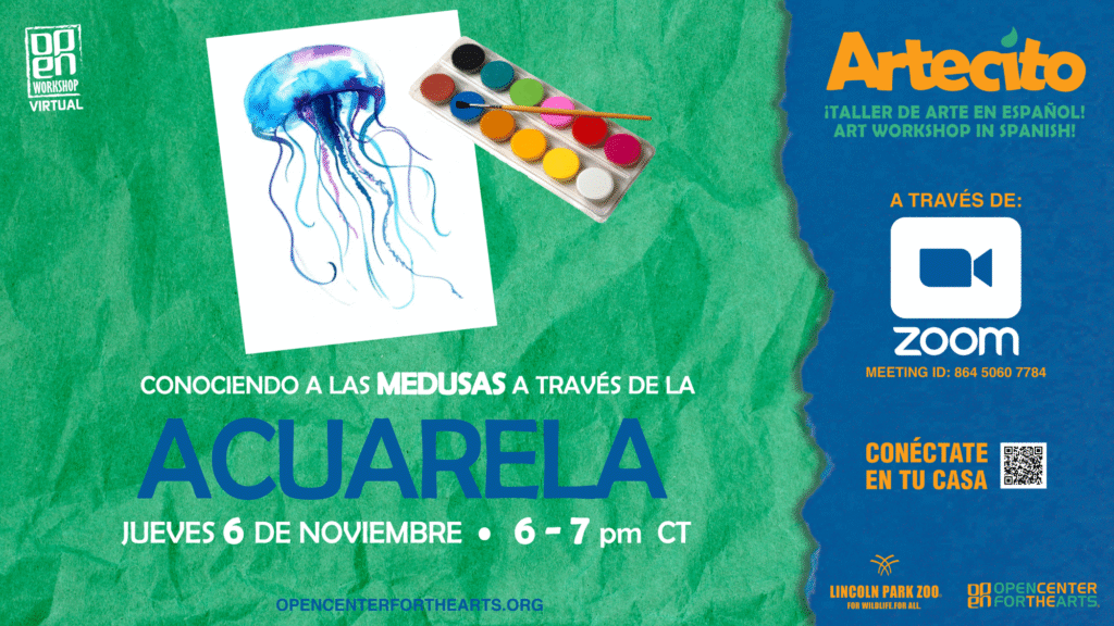 Promotional graphic for the Spanish-language virtual art workshop “Artecito Virtual: Conociendo a las Medusas a través de la Acuarela,” featuring a watercolor jellyfish, a paint palette, and event details for Thursday, November 6, 2025, from 6–7 PM CT via Zoom.