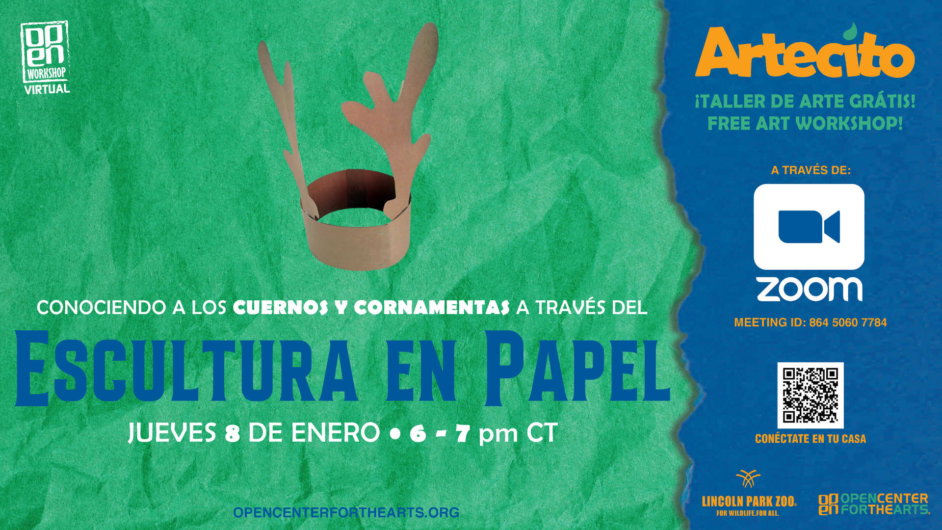 Flyer for Virtual Artecito Horns and Antlers Happening on Zoom Thursday January 8th from 6pm to 7pm