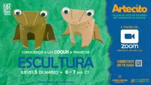 Flyer promocional de Artecito Coqui el 5 de Marzo de las 6pm a las 7pm por Zoom