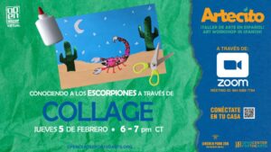 Flyer promocional de Artecito Escorpiones el 5 de Febrero de las 6pm a las 7pm por Zoom