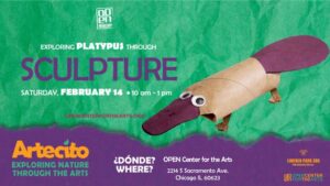 Flyer for Virtual Artecito Platypus Happening at OPEN Center for the Arts Saturday February 14th from 10am to 1pm