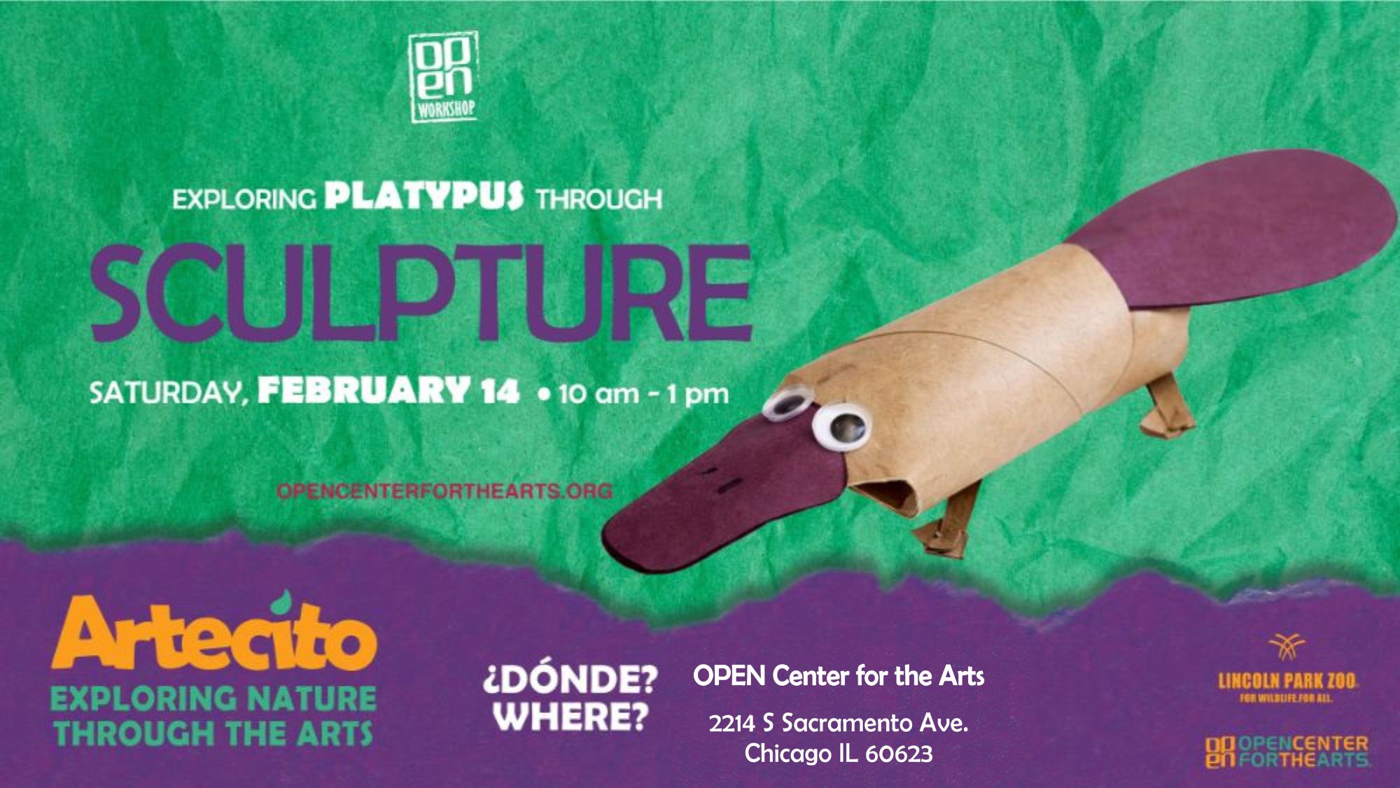 Flyer for Virtual Artecito Platypus Happening at OPEN Center for the Arts Saturday February 14th from 10am to 1pm