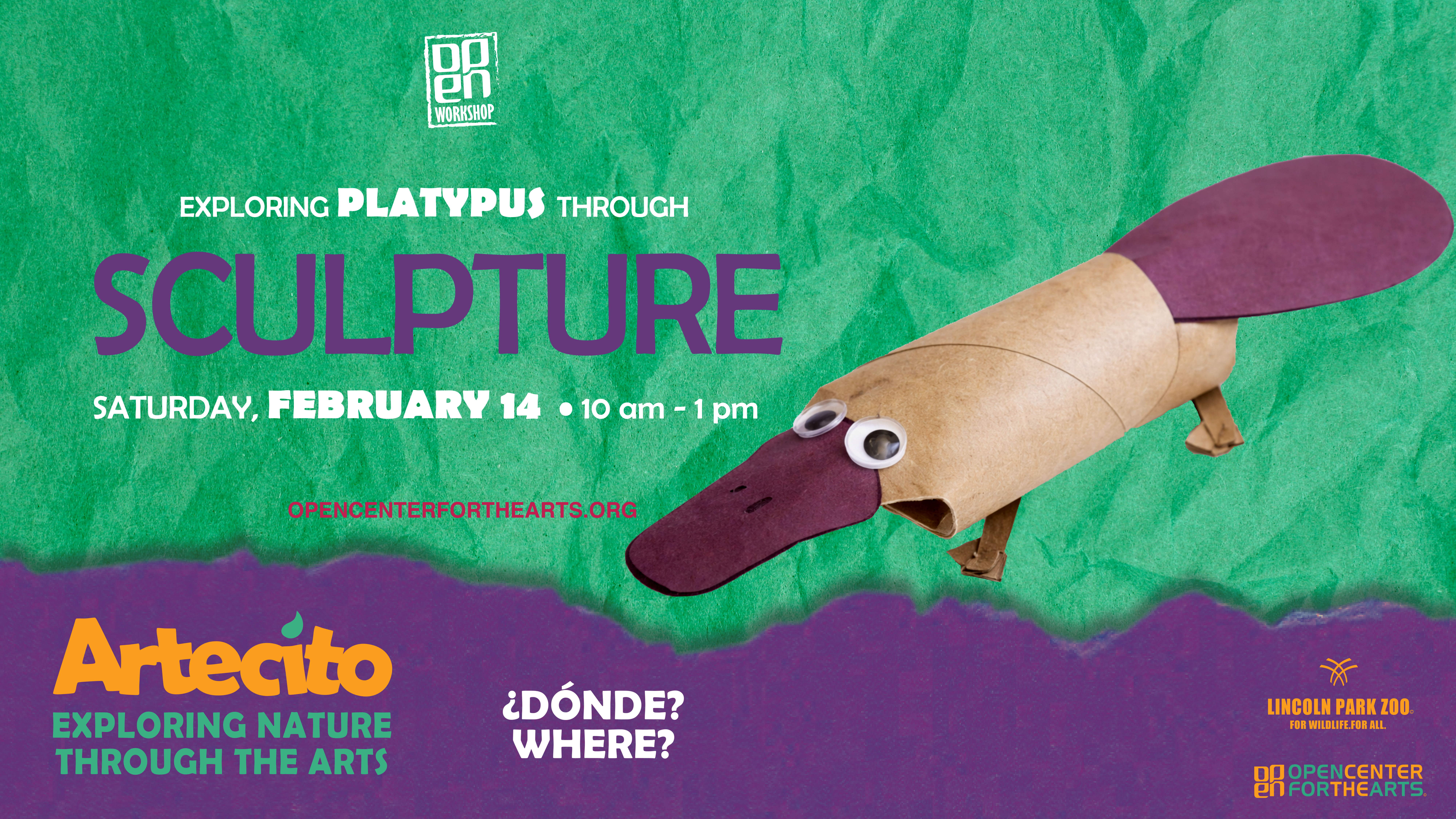 Flyer for Virtual Artecito Platypus Happening at OPEN Center for the Arts Saturday February 14th from 10am to 1pm