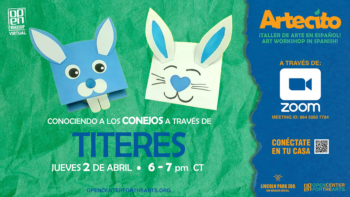Flyer promocional de Artecito Conejo el 2 de Abril de las 6pm a las 7pm por Zoom