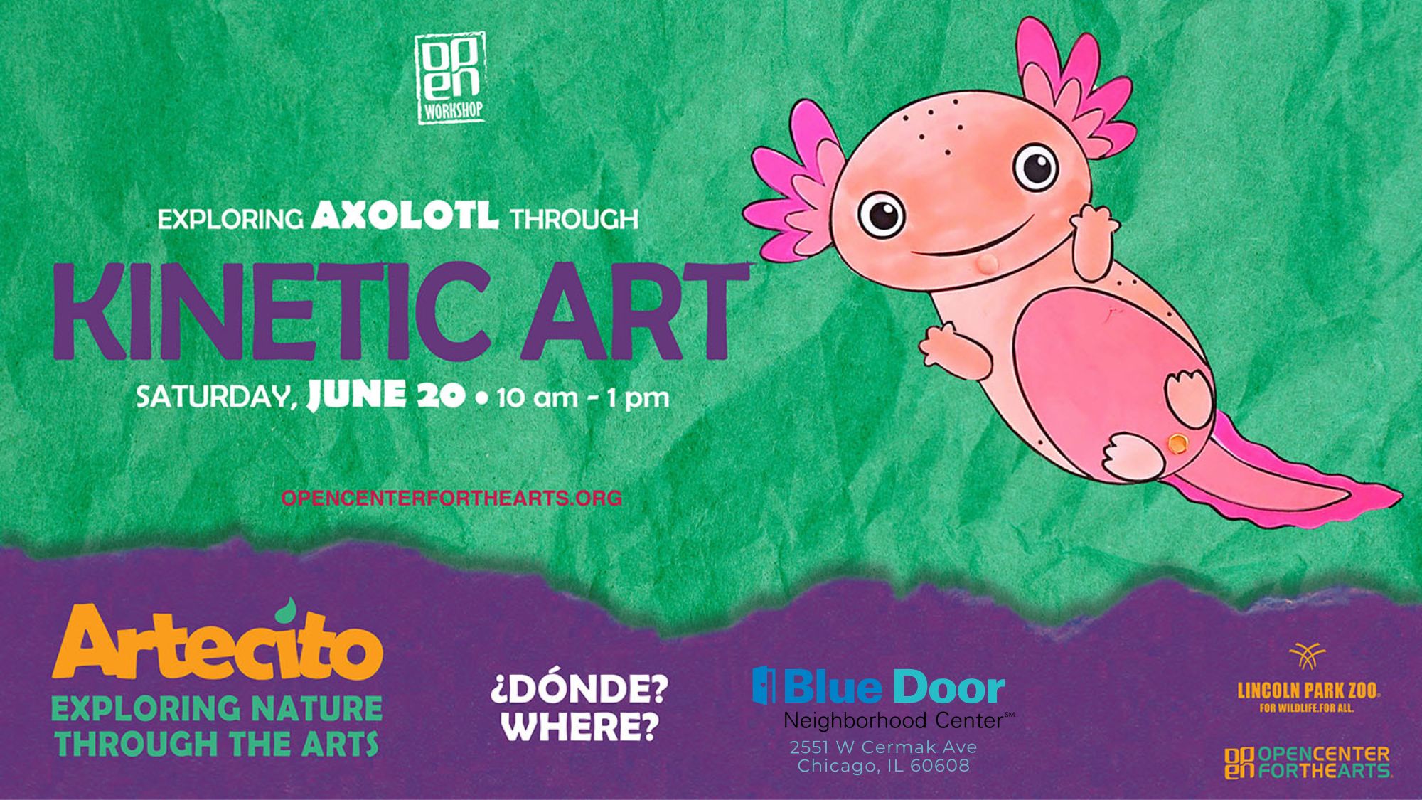 Artecito flyer featuring a pink axolotl on a green background. Bilingual workshop about axolotls and kinetic art, Saturday, June 20 from 10 am to 1 pm at a location to be determined, in collaboration with Lincoln Park Zoo and OPEN Center for the Arts.