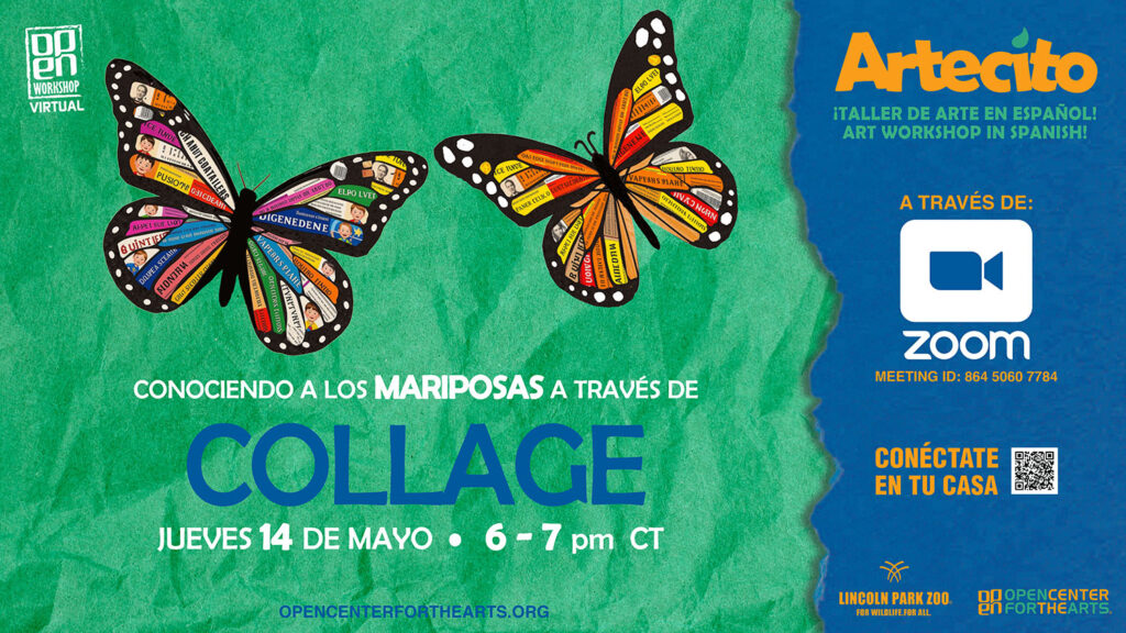 Flyer promocional de Artecito Mariposa el 14 de Mayo de las 6pm a las 7pm por Zoom